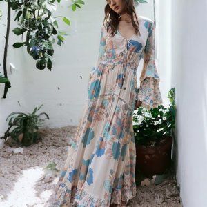 Free People Penny Printed Maxi Bodysuit Bell Sleeve Boho Dress